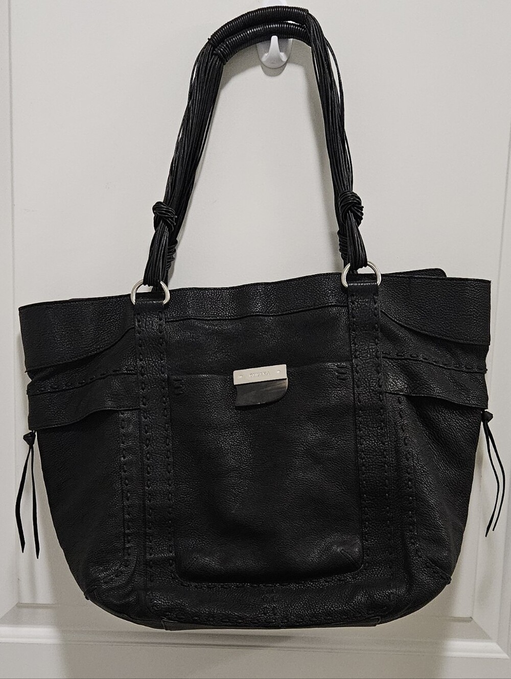 VTG Rare Ghurka Luxury Black Leather Shoulder Tote Bag with Buffalo Horn Accent